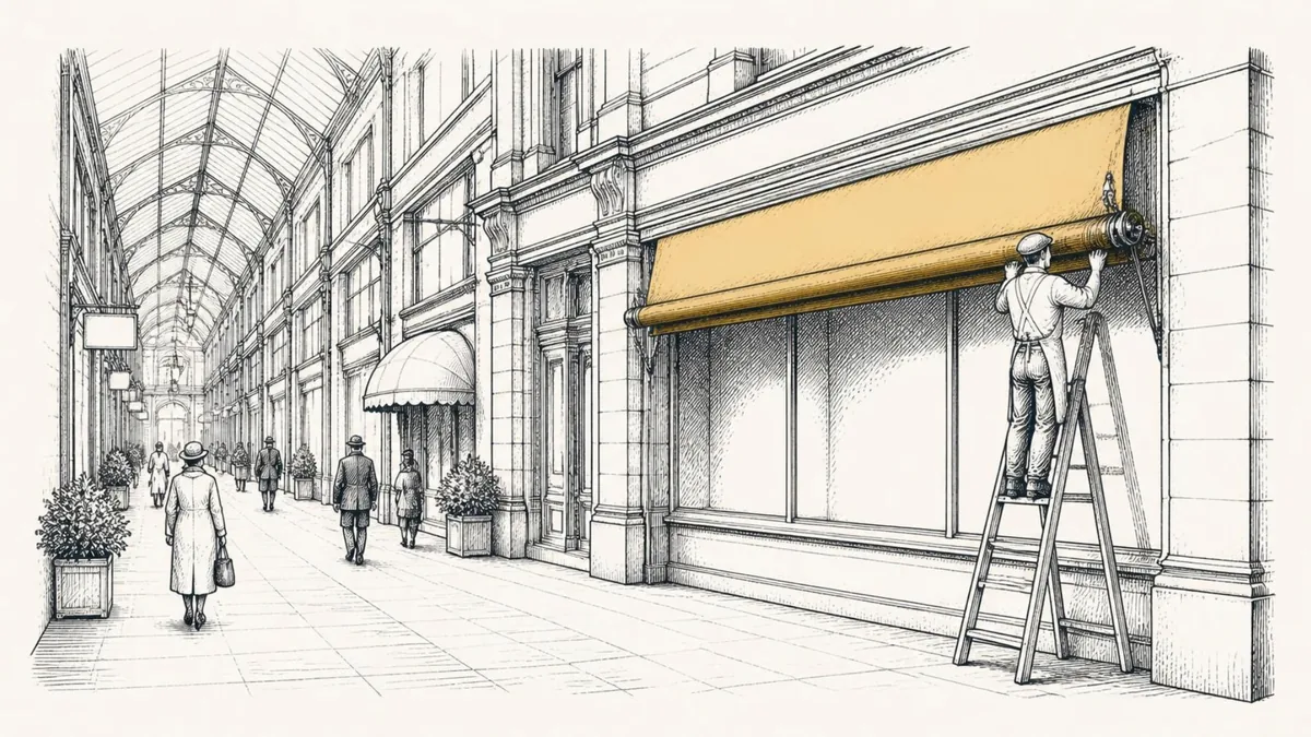 A worker on a ladder rolling up the awning of an old department store beside a covered shopping arcade