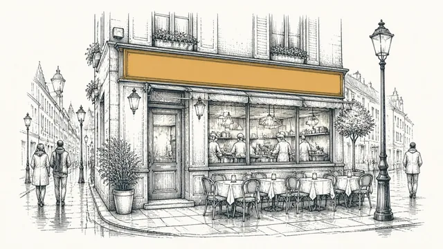 A restaurant with a busy lamplit kitchen and a blank sign above the door, its tables empty while passers-by walk on