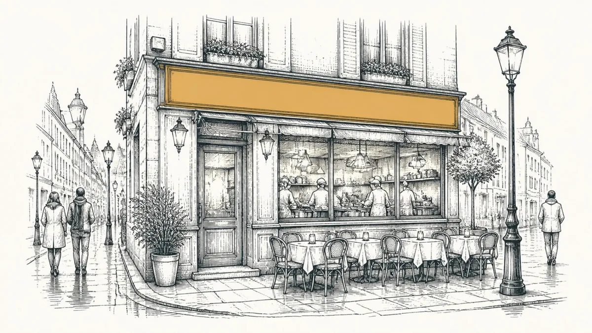 A restaurant with a busy lamplit kitchen and a blank sign above the door, its tables empty while passers-by walk on
