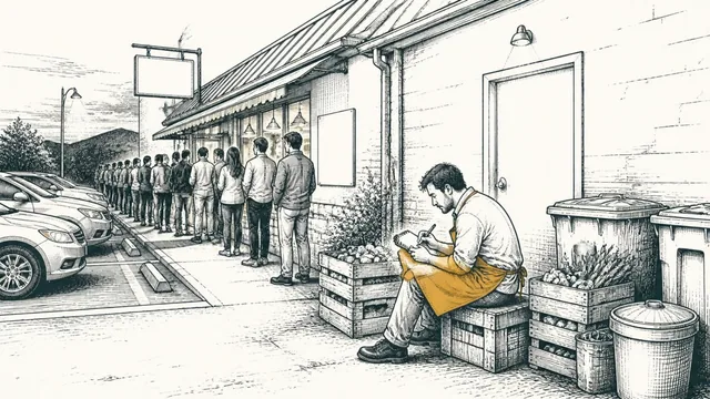 A small restaurant with a full parking lot and a line at the door, the owner sitting on an upturned crate by the kitchen door with a notebook