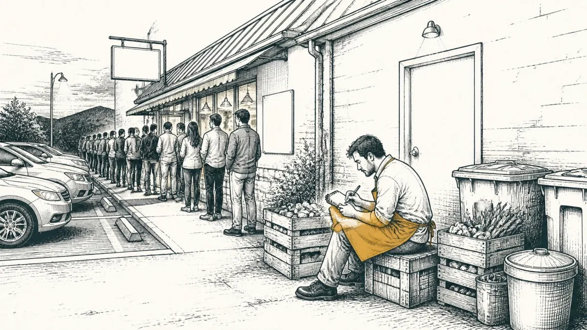 A small restaurant with a full parking lot and a line at the door, the owner sitting on an upturned crate by the kitchen door with a notebook