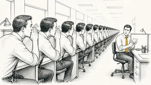 A row of office workers whispering down a long line of desks, the last man puzzling over a crumpled note