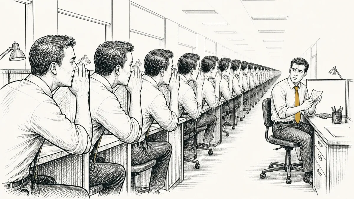 A row of office workers whispering down a long line of desks, the last man puzzling over a crumpled note