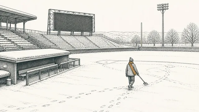 An empty ballpark in winter, snow on the stands, a lone groundskeeper crossing the field with a shovel