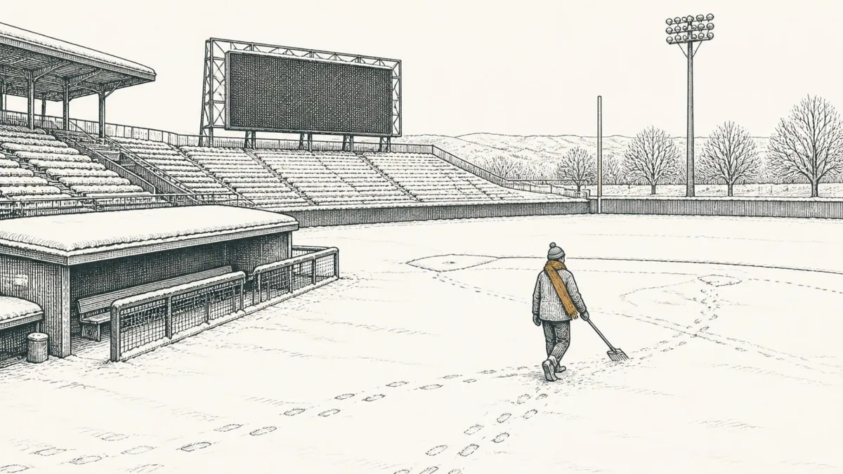 An empty ballpark in winter, snow on the stands, a lone groundskeeper crossing the field with a shovel