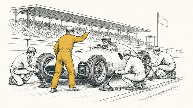 A pit crew working the wheels of a vintage race car while the chief mechanic signals to the driver