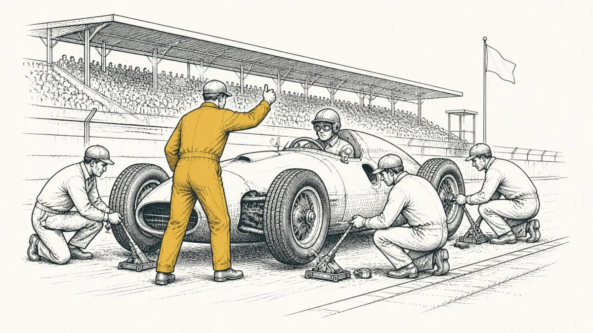 A pit crew working the wheels of a vintage race car while the chief mechanic signals to the driver