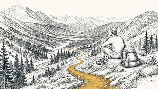 A hiker resting at the top of a ridge, looking down at the trail winding through the valley below
