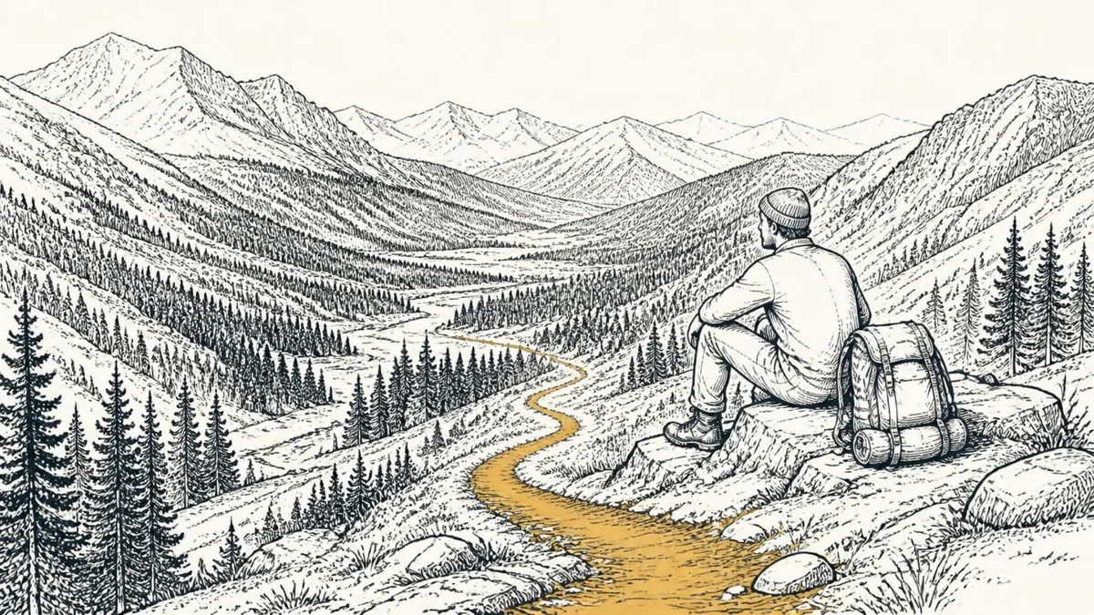 A hiker resting at the top of a ridge, looking down at the trail winding through the valley below