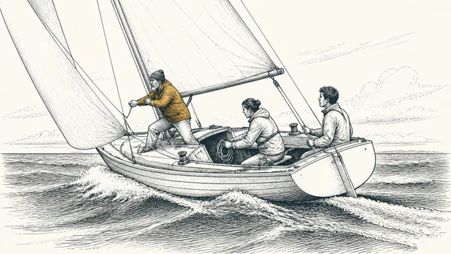 An older sailor trimming the sail of a small boat heeling through the waves while two crew work beside him