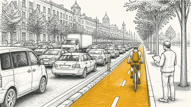 Stalled traffic on a city boulevard beside a saffron bike lane with one cyclist, a man with a clipboard watching from the sidewalk