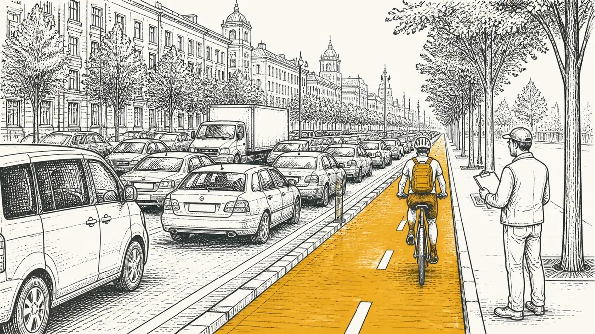 Stalled traffic on a city boulevard beside a saffron bike lane with one cyclist, a man with a clipboard watching from the sidewalk