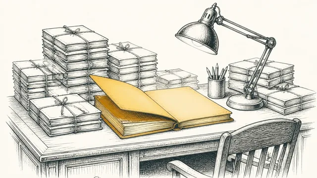 A desk covered in small folders tied up with string, one thick folder lying open in the lamplight