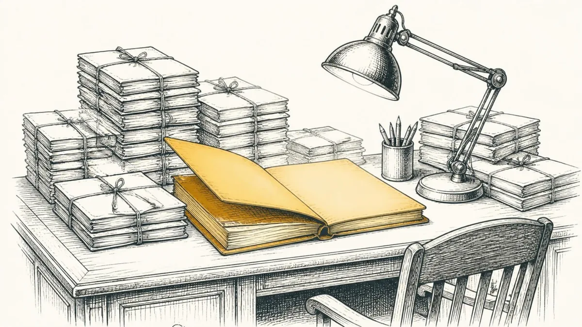 A desk covered in small folders tied up with string, one thick folder lying open in the lamplight