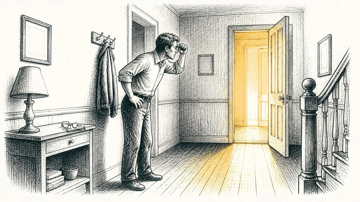 A man without his glasses squinting down a dim hallway toward a lit doorway, his glasses left folded on a side table behind him
