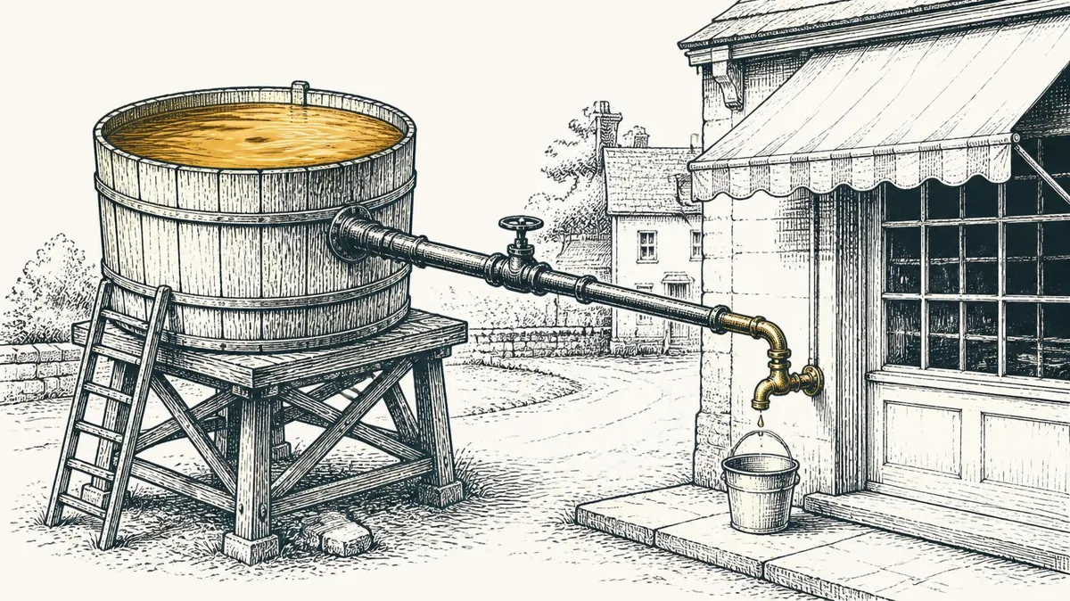 A full water tower feeding a nearly closed pipe that drips into an empty bucket at a shop door
