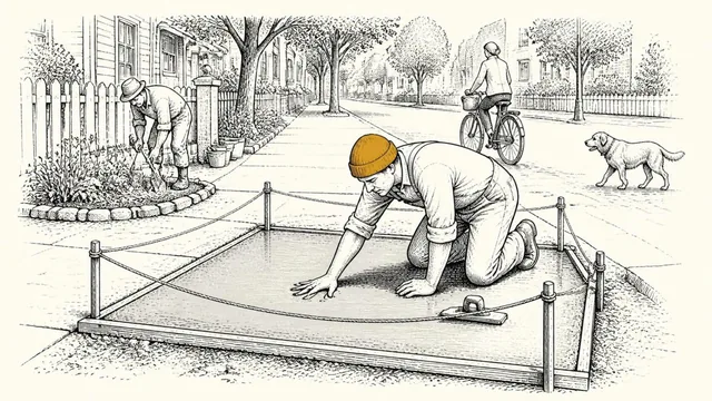 A builder pressing his hand into a freshly poured, roped-off square of sidewalk while a neighbor digs up a flower bed