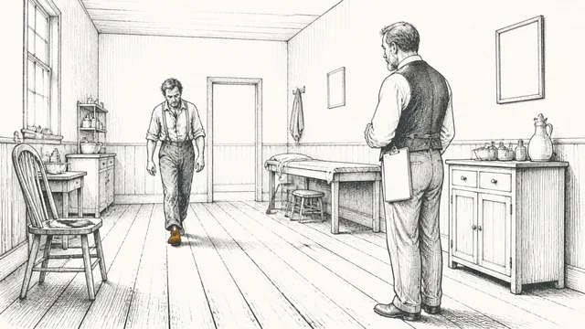 A country doctor watching a patient limp across worn floorboards, a clipboard ignored at his hip