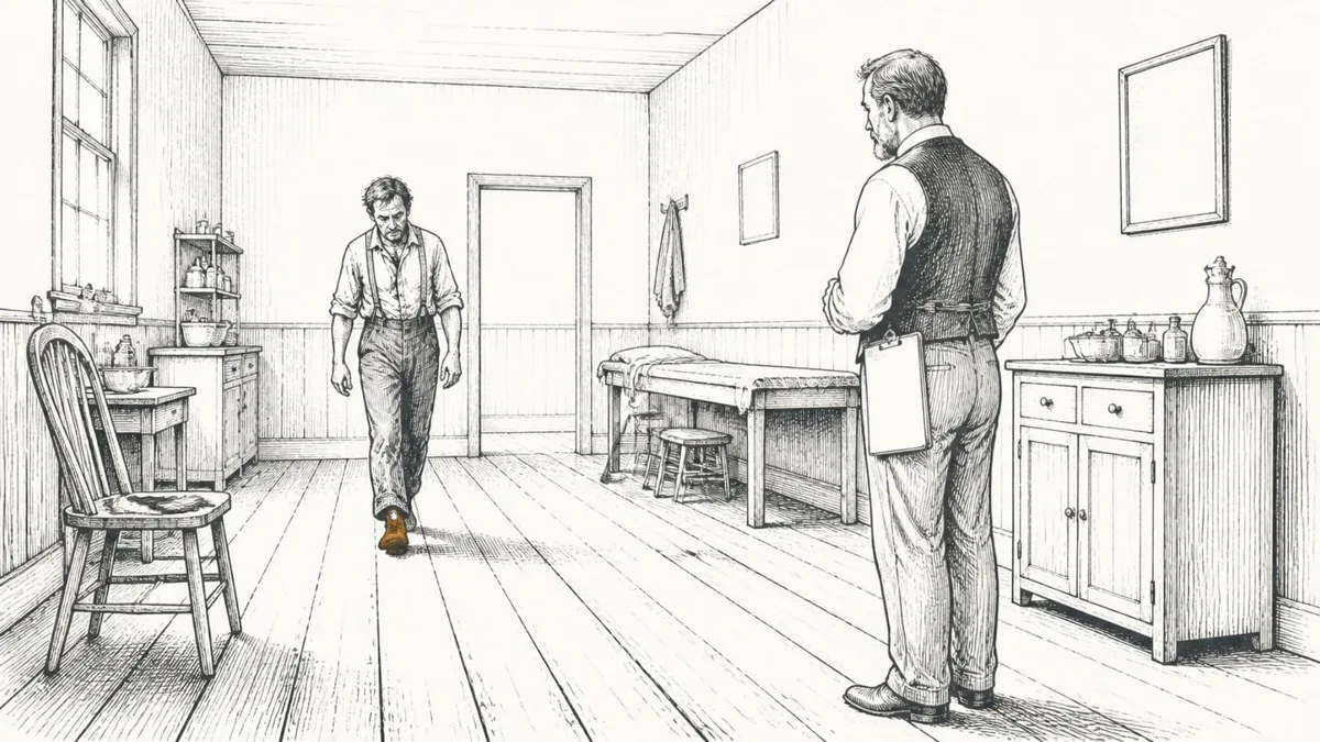 A country doctor watching a patient limp across worn floorboards, a clipboard ignored at his hip
