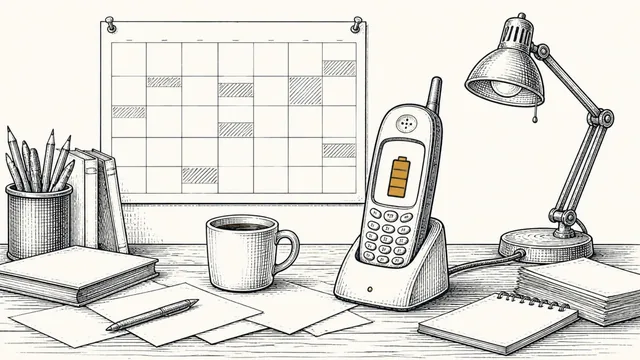 An old cordless phone on its charging stand, battery gauge showing, on a desk under a crowded wall calendar