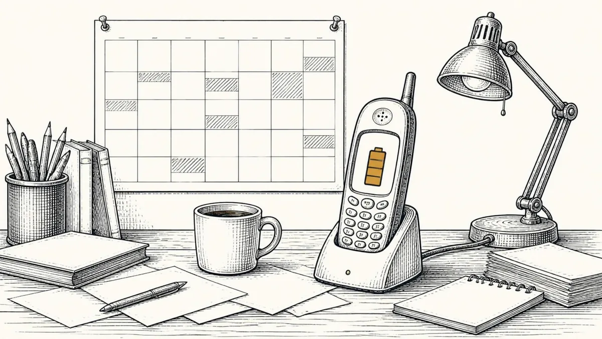 An old cordless phone on its charging stand, battery gauge showing, on a desk under a crowded wall calendar