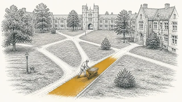 A college quad crossed by worn dirt paths, a groundskeeper paving the most worn one