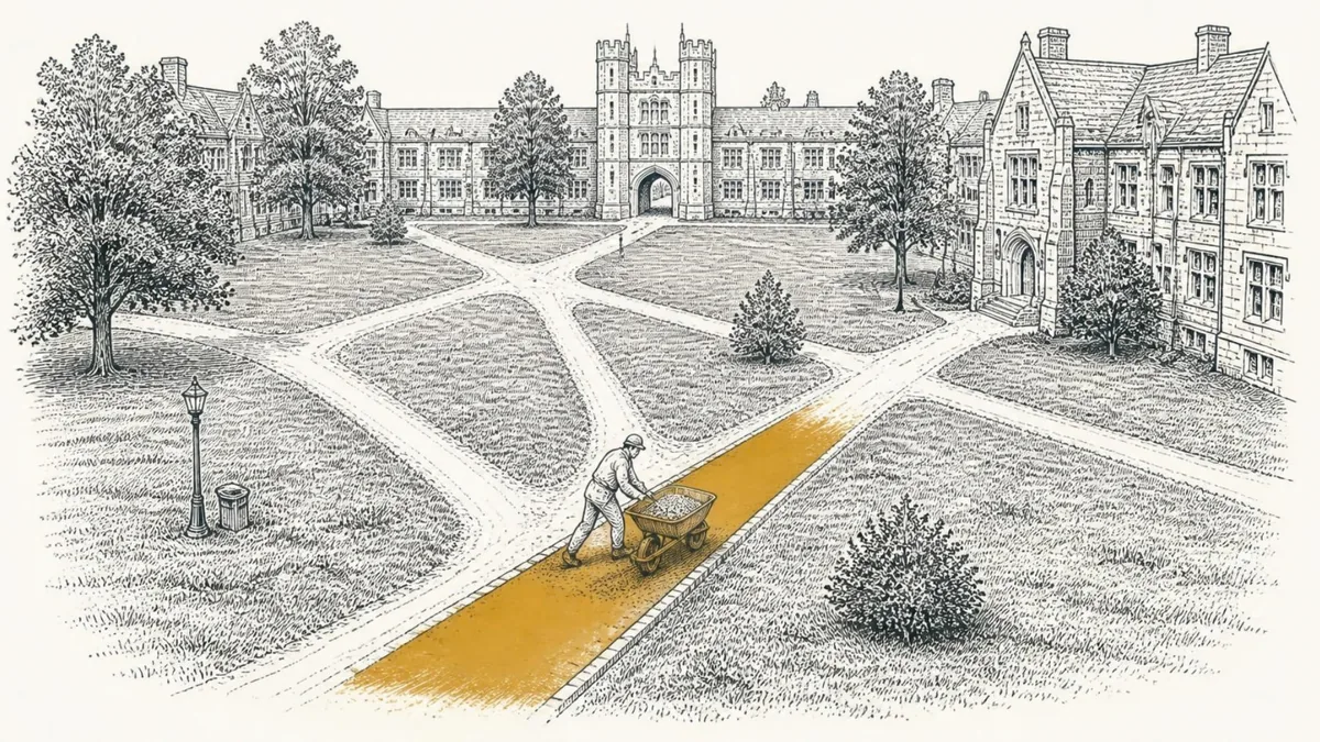 A college quad crossed by worn dirt paths, a groundskeeper paving the most worn one