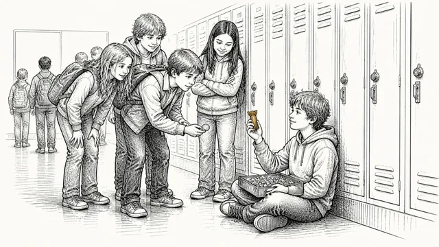A boy sitting against the school lockers with a box of candy on his knees, holding up one packet while classmates lean in and one offers a coin