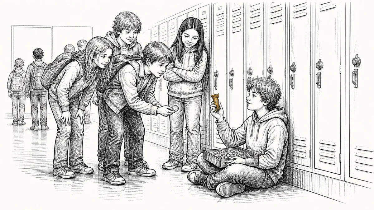 A boy sitting against the school lockers with a box of candy on his knees, holding up one packet while classmates lean in and one offers a coin